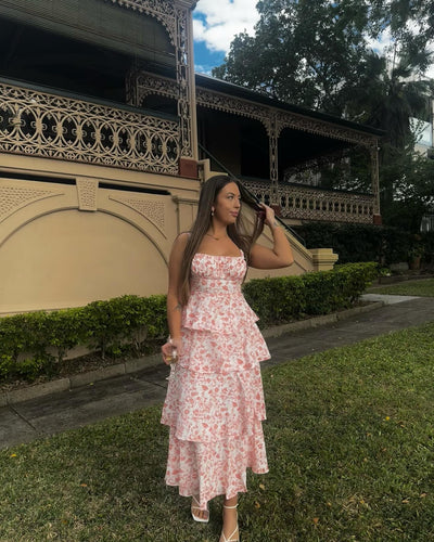 Isadora – Robe maxi fleurie en douceur pêche