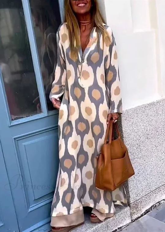 Madison – Robe Bohème à Imprimé Géométrique, Décolleté en V et Fente Automnale
