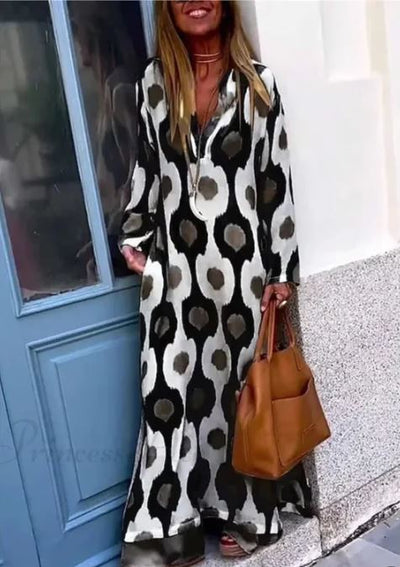 Madison – Robe Bohème à Imprimé Géométrique, Décolleté en V et Fente Automnale