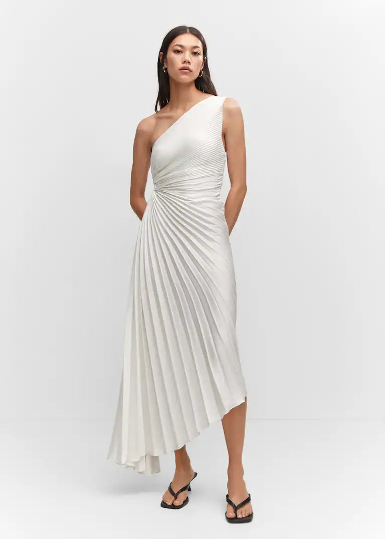 Sylviana – Robe Midi Plissée à Épaule Dénudée