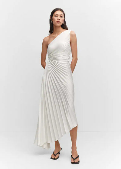 Sylviana – Robe Midi Plissée à Épaule Dénudée