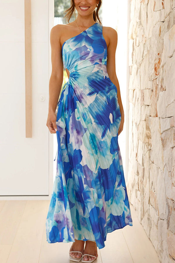 Deja – Robe maxi plissée une épaule à motif floral