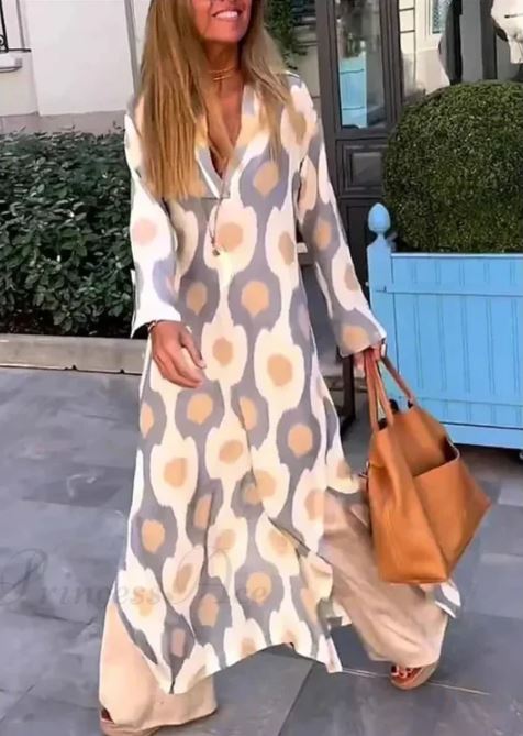 Madison – Robe Bohème à Imprimé Géométrique, Décolleté en V et Fente Automnale