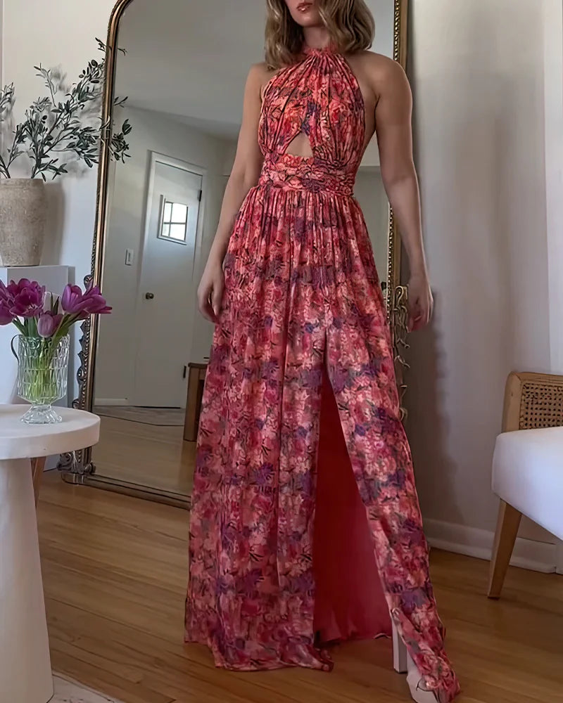 Isa Luna – Robe longue dos nu à imprimé fleuri