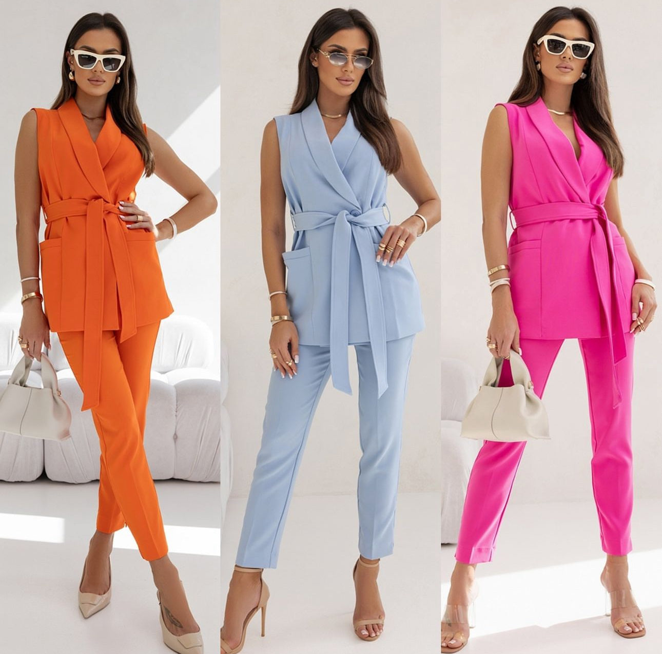 Stella – Ensemble Tailleur Sans Manches avec Ceinture et Pantalon Cigarette