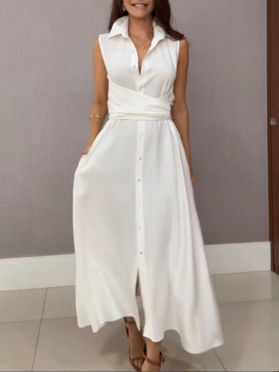 Eve - Robe chemise longue sans manches à taille ceinturée
