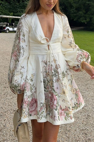 Megan – Robe Courte d'Été à Manches Longues, Col en V et Manches Lanterne