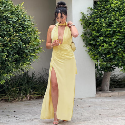 Antonia - Robe fendue dos nu à décolleté plongeant