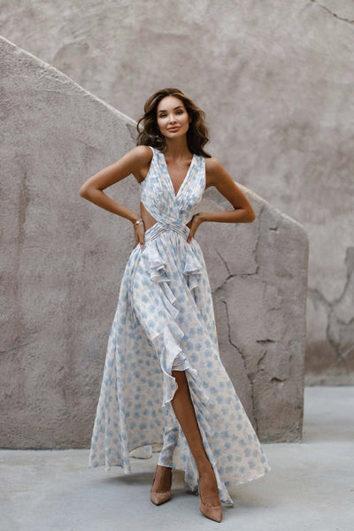 Marina – Robe Longue Croisée à Volants