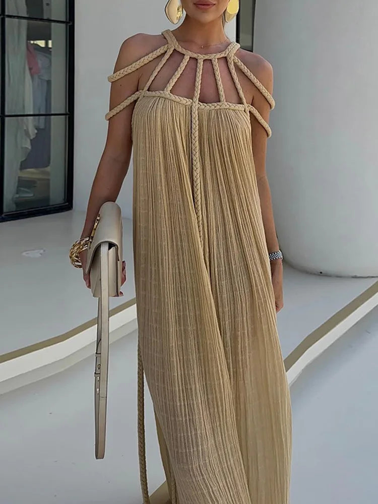 Lorine - Robe Maxi Drapée en Lin Tressé