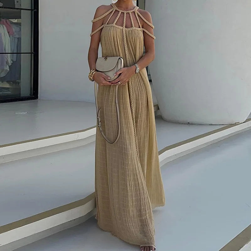 Lorine - Robe Maxi Drapée en Lin Tressé