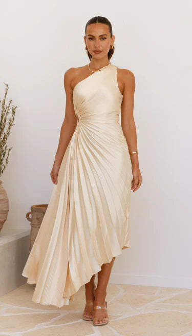 Sylviana – Robe Midi Plissée à Épaule Dénudée