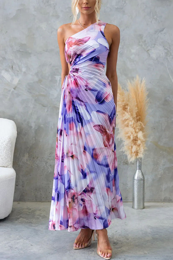 Deja – Robe maxi plissée une épaule à motif floral