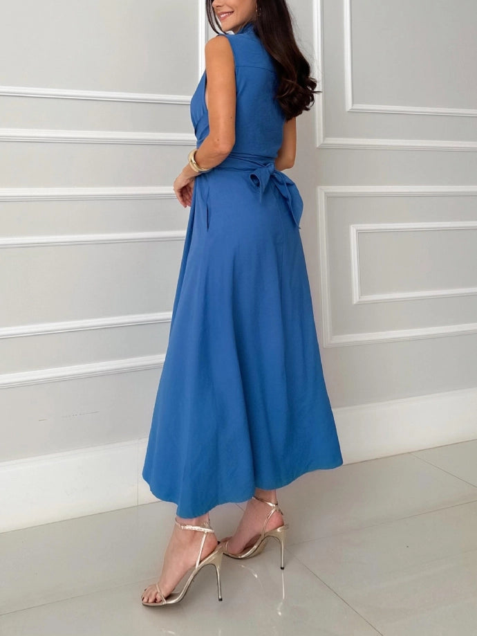 Eve - Robe chemise longue sans manches à taille ceinturée