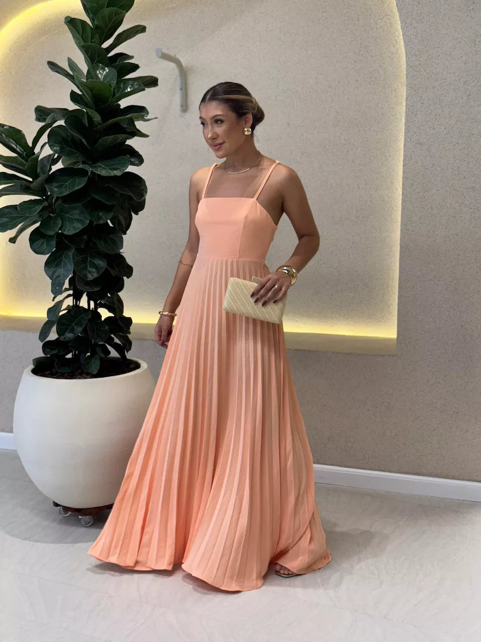 Kimberly - Robe longue plissée à fines bretelles