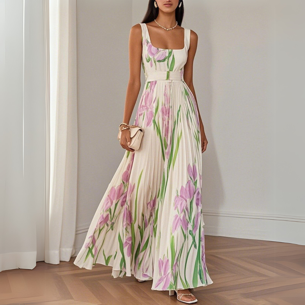 Nancy – Robe longue plissée à fleurs au style raffiné pour femme