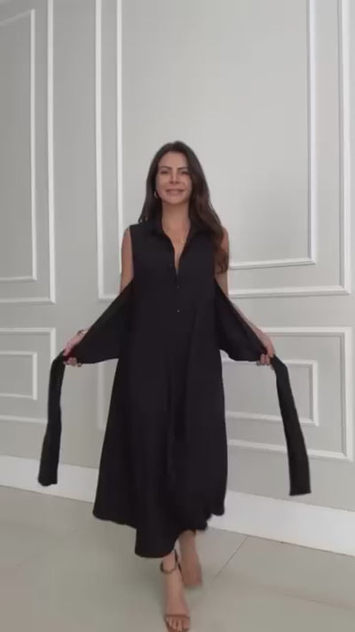 Eve - Robe chemise longue sans manches à taille ceinturée