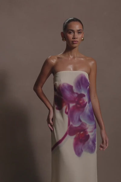 Amaya – Robe longue en chiffon sans bretelles à imprimé orchidée ivoire et koi