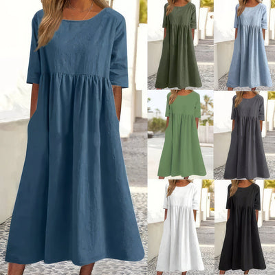 Nora – Robe en Coton à Col Rond avec Poches