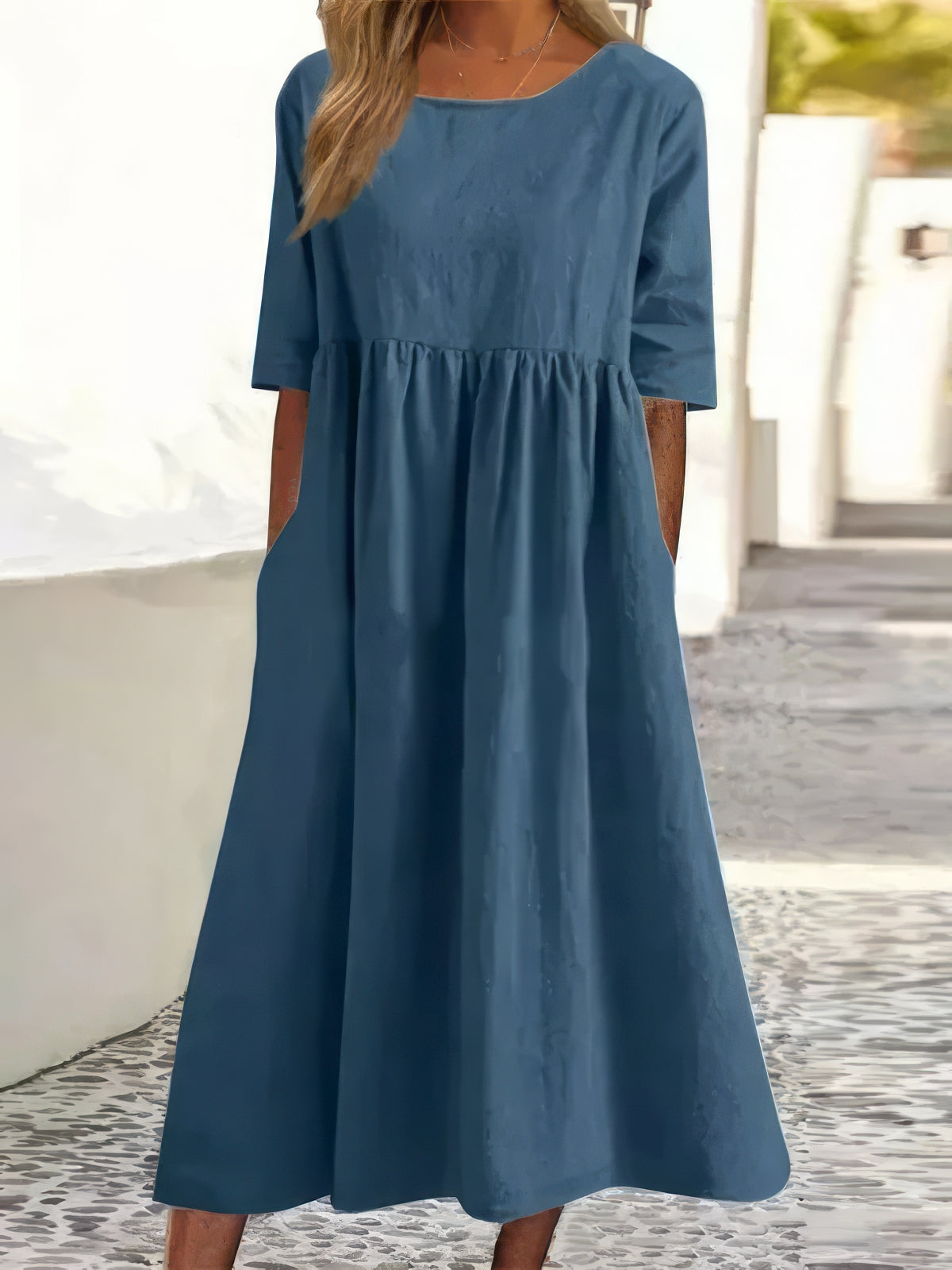 Nora – Robe en Coton à Col Rond avec Poches