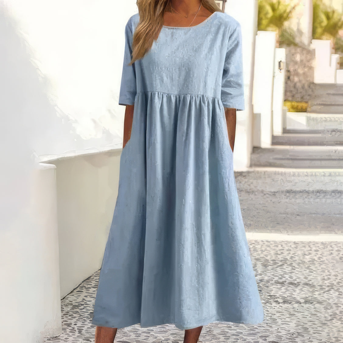 Nora – Robe en Coton à Col Rond avec Poches