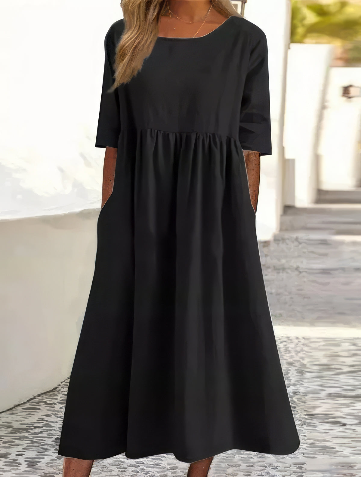Nora – Robe en Coton à Col Rond avec Poches