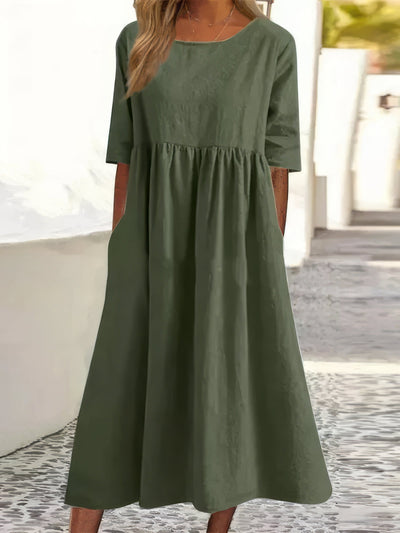 Nora – Robe en Coton à Col Rond avec Poches